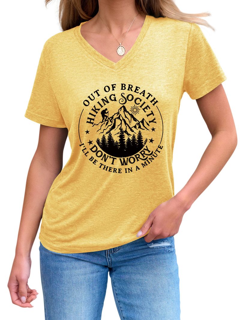 Sommar V-ringad Ny Slim Fit Out Of Breath Hiking Society Mångsidig Kortärmad T-shirt För Dam_voghion.com