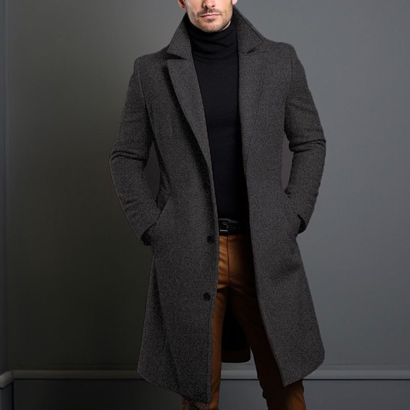 Men's Classic Wool Blend Trench Coat - Slim Fit Long Overcoat With Notch Lapel, Side Pockets (Charcoal Grey/Khaki/Black/Navy)_voghion.com