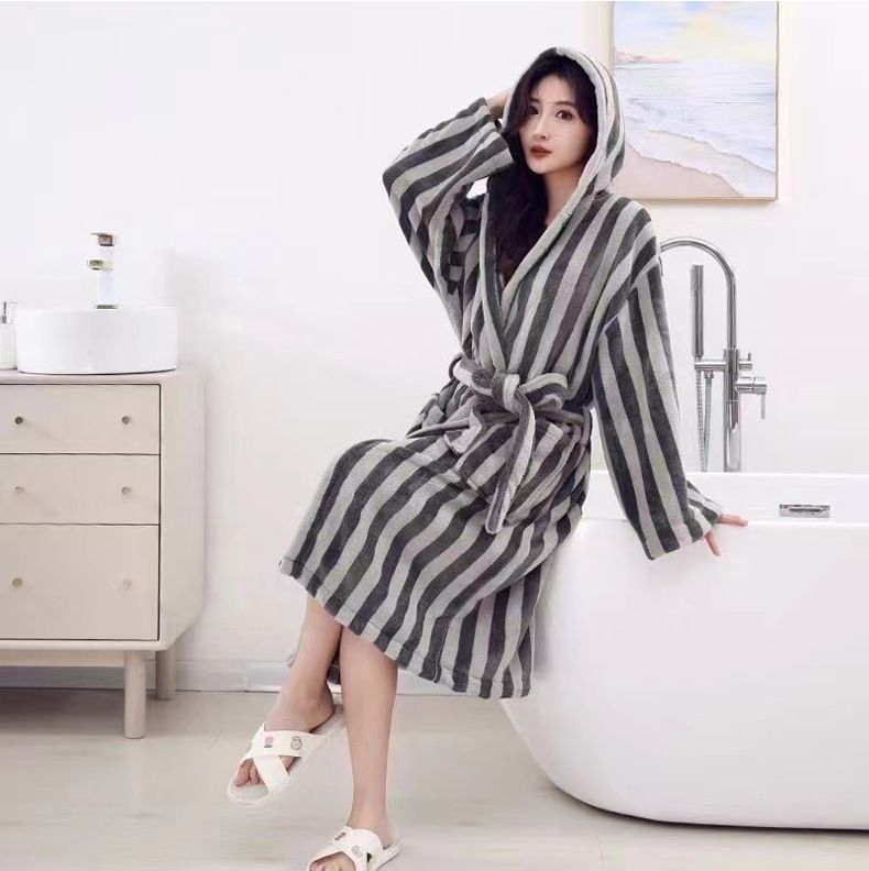 Luxury Coral Fleece Bathrobe – Unisex Striped & Checkered Kimono-Style Robe For Spa And Home Relaxation_voghion.com