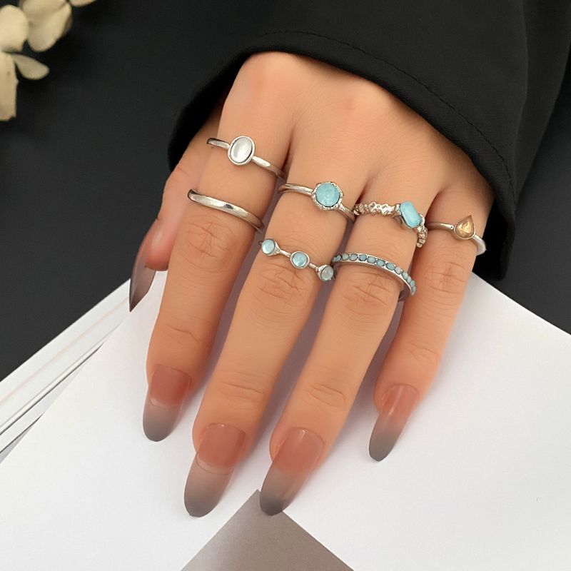 2025 Fashion Style Women's Crystal and Gemstone Ring Set, Retro Fashion Gold Silver Resin Ring, Geometric Design_voghion.com