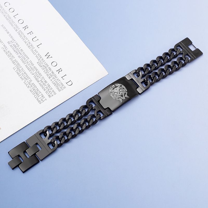 Domineering Viking Celtic Wolf Head Totem Titanium Steel Men's Cuban Bracelet Jewelry_voghion.com