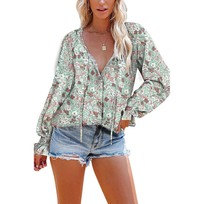 Women's Clothing Loose V-neck Pullover Casual Top Long Sleeved Floral Lotus Leaf Sleeved Chiffon Shirt_voghion.com