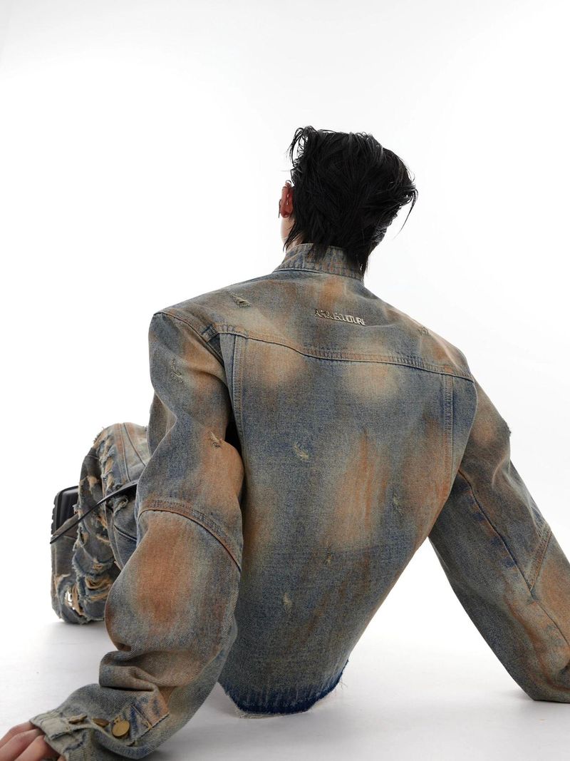 Men's Clothing Niche Retro Wasteland Destruction Denim Jacket Suit Heavyweight Distressed Jacket Flared Jeans Trend_voghion.com
