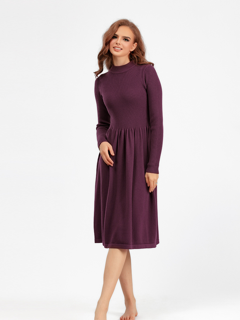 Abbigliamento da donna Autunno e inverno colletto semi-alto grande pendolo abito lungo in maglia vita dimagrante maniche lunghe maglione temperamento semplice fondo_voghion.com