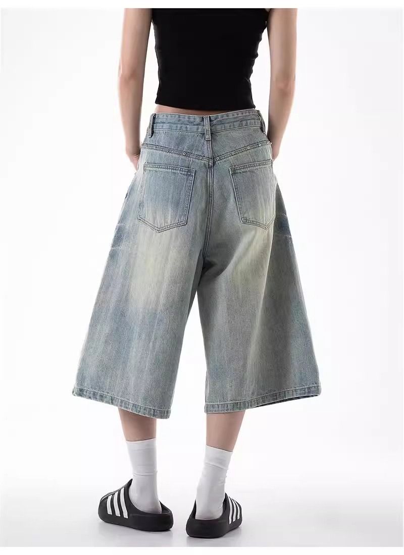 Pantaloncini in denim con rivetti lavati in stile americano per uomo e donna, pantaloni capri larghi casual alla moda estivi_voghion.com