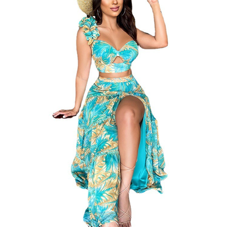 Damen Sommer neue bedruckte One-Shoulder-Ärmel zweiteilige sexy Rockanzüge_voghion.com