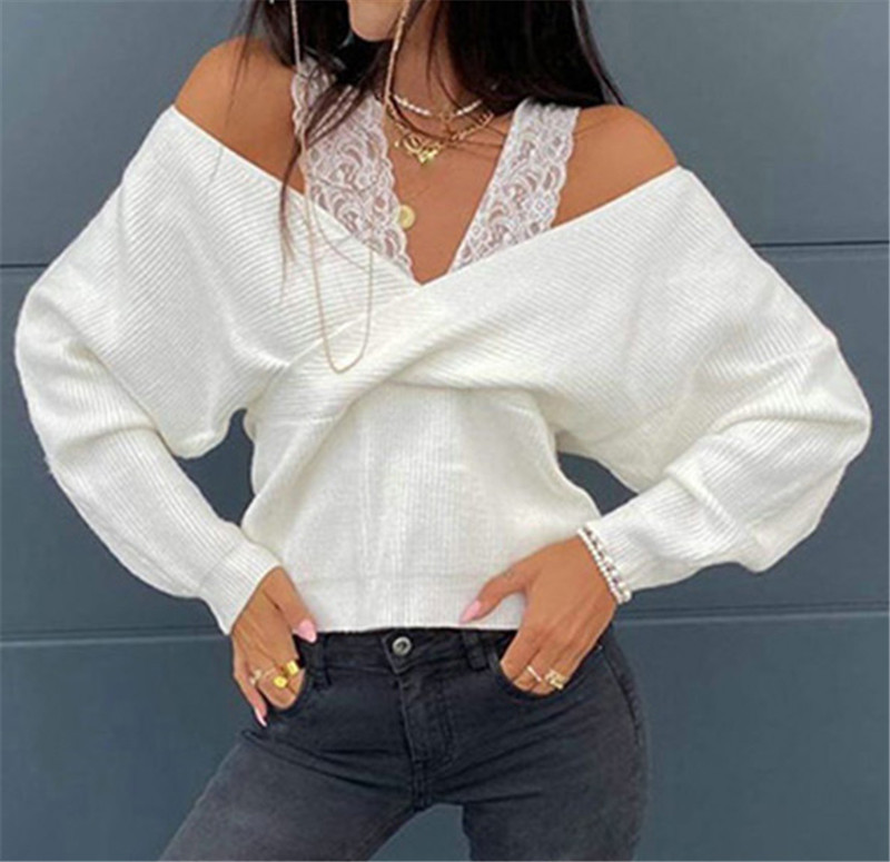 Abbigliamento donna Top Top sexy a maniche lunghe con spalle scoperte con spalline in pizzo tinta unita_voghion.com