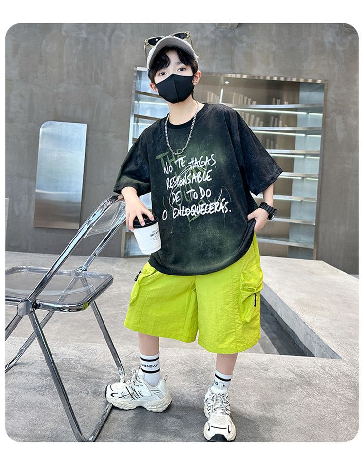 New Boys' Short Sleeve Letter Print Cotton Set - Summer 2-Piece Outfit With Graphic Tee & Mid-Length Shorts For Kids_voghion.com