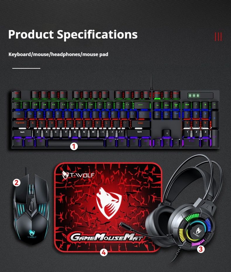 T-WOLF TF700 Mechaniczna Klawiatura Czteroczęściowa Z Podkładką Myszy, Słuchawkami, Niebieskim Przełącznikiem Zestaw Do Gier RGB_voghion.com