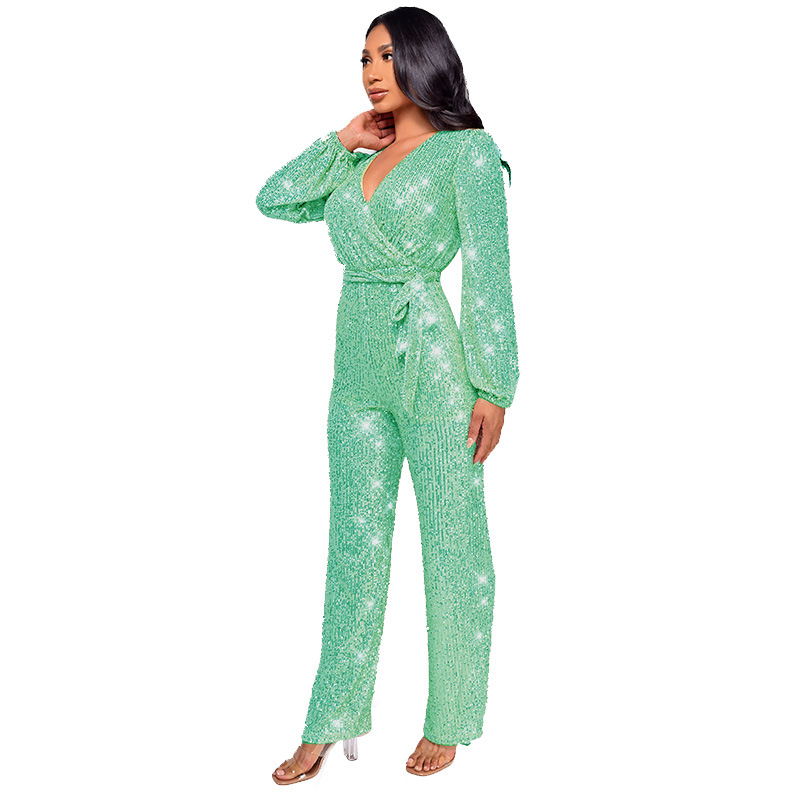 Damkläder Ins Style Deep V Mode Casual Jumpsuit Långärmat Bälte Paljett Jumpsuit Dam_voghion.com