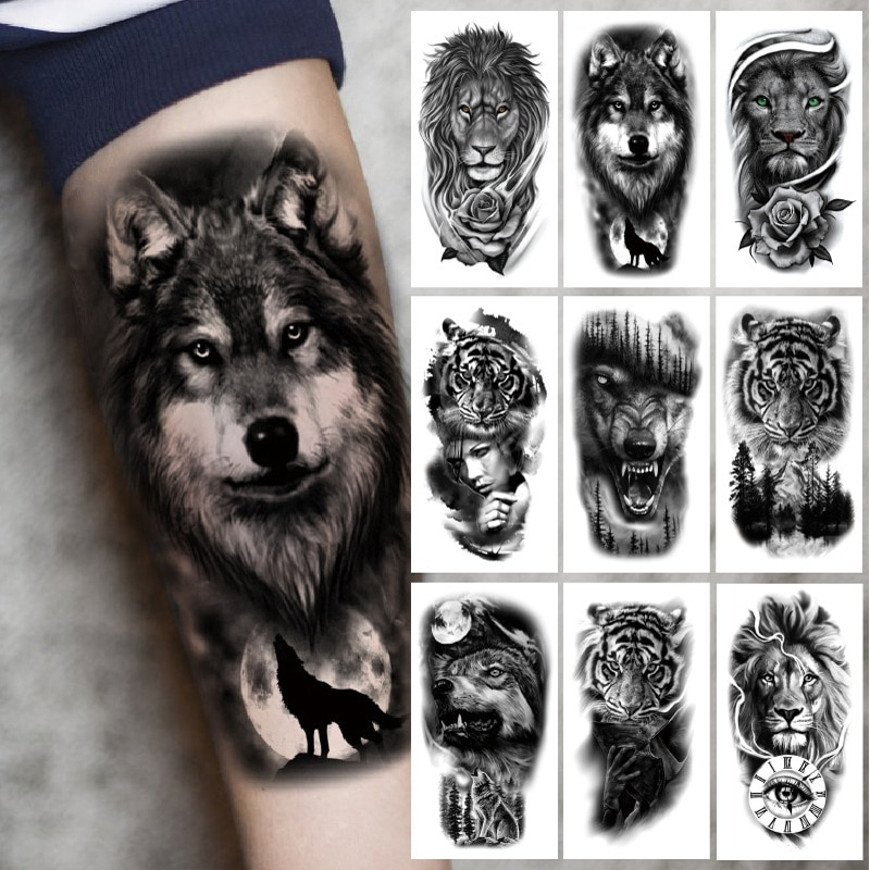 Overarmsærmet tatovering Crown Lion Tiger Wolf Head Vandtæt midlertidige tatoveringsmærkater Kropskunst Falsk tatovering Til Kvinder Mænd Mand_voghion.com