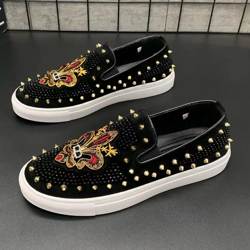Chaussures en cuir rivets brodés pour hommes, mocassins à enfiler, chaussures plates décontractées, baskets loisirs,_voghion.com