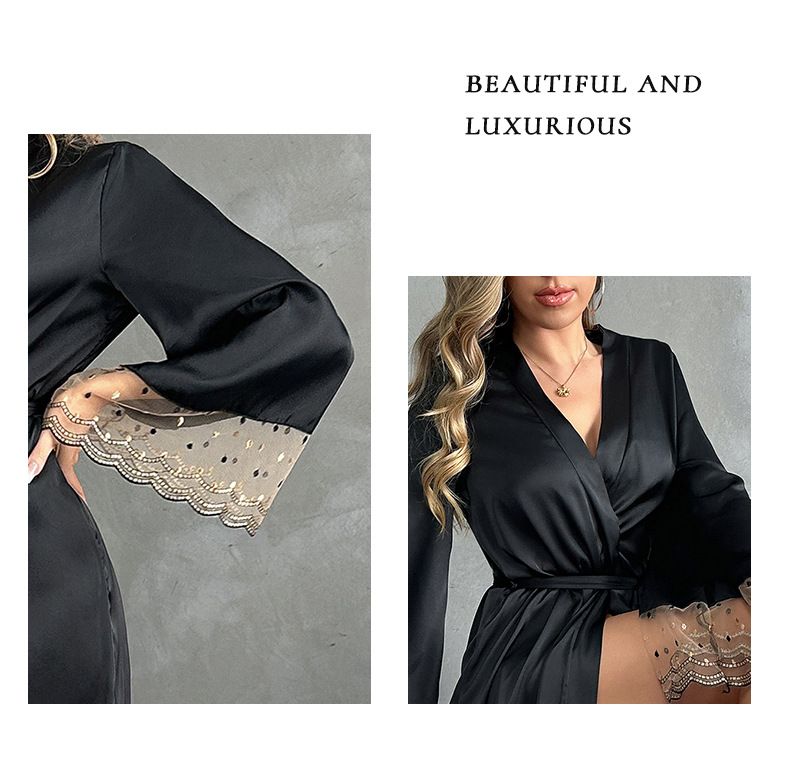 Herren Schlaf Sexy Dessous Lange Strickjacke Nachthemd Pyjamas Frauen Spitze Spleißen Versuchung Satin Home Kleidung_voghion.com