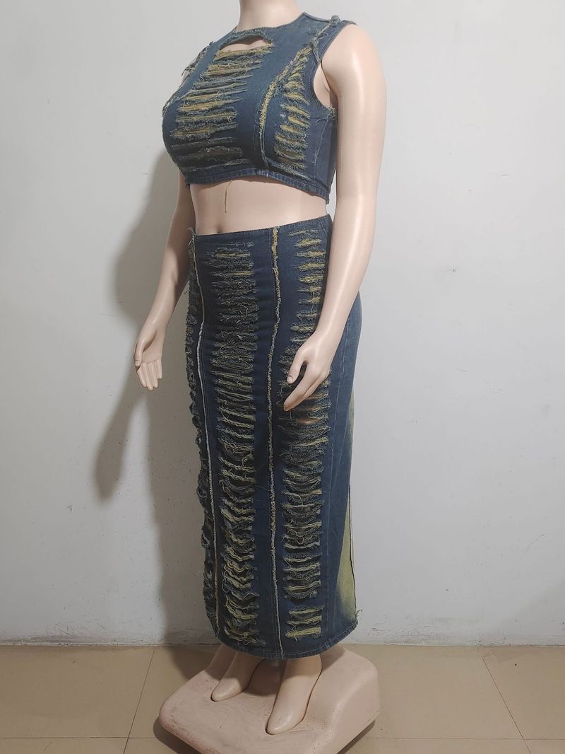 Dameskleding Dames Denim Pakken Dameskleding Trend Persoonlijkheid Handgedragen Vest Split Denim Rok_voghion.com