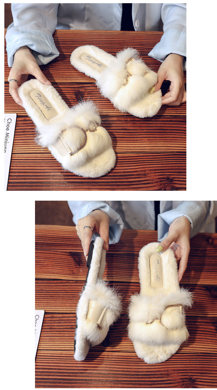 True Rabbit Hair For Female Outwear 2024 Spring And Autumn New Internet Celebrity Fairy Home Flat Bottom Cotton Slippers_voghion.com