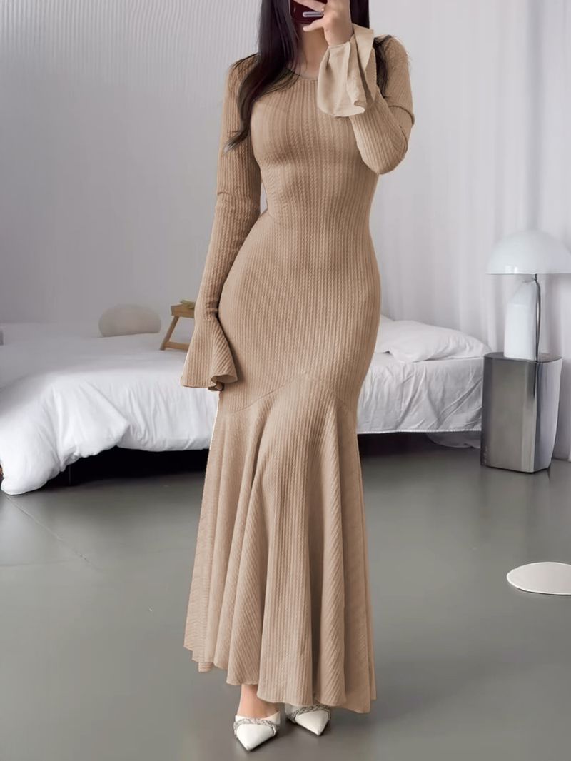 Elegante abito aderente in maglia a coste – Abito midi da donna a maniche lunghe con polsini svasati (S-XL, beige, misto poliestere-spandex)_voghion.com