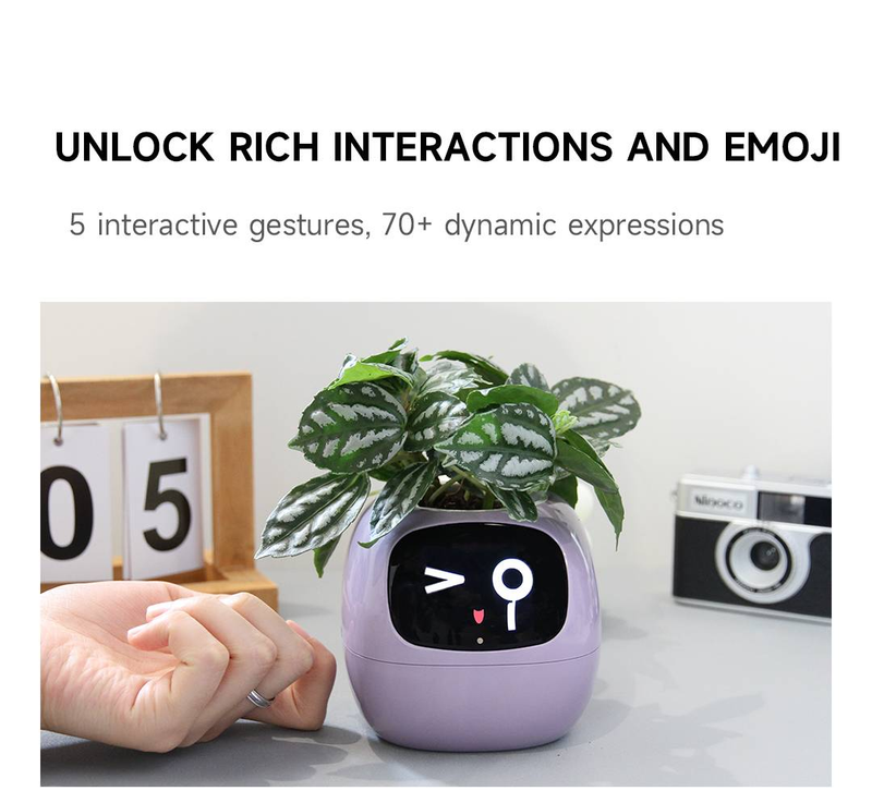 Smart kæledyrsplanterrobotvejledning om plantepleje med emojis, yndig planteledsager med rig gestus-interaktion, pæn skrivebordsopsætningsgave (grøn)_voghion.com