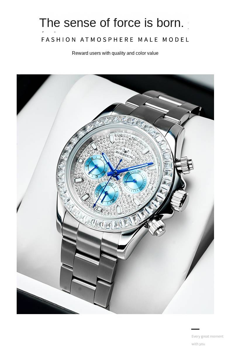 ROERDUM Blue Heart Ice Series II-Men's Tri-Chronograph Mechanical Watch- Stainless Steel Band, Silver Dial, Water Resistant, Minimalist Style_voghion.com