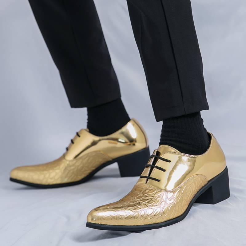 Neue Mode Herren High Heel Spitzschuh Golden Business Lederschuhe Schnürung Nachtclub Modenschau Trend Europäische und amerikanische Herrenschuhe_voghion.com
