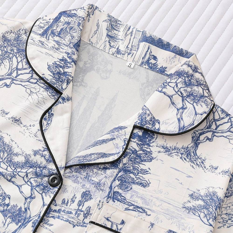 Damen-Nachtwäsche-Set, luxuriöser Druck, für vier Jahreszeiten, tragbar, Strickjacke, Revers, Baumwolle, kurzärmelige Hose_voghion.com