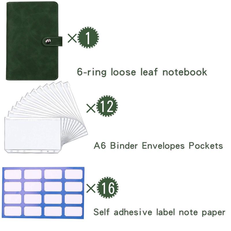 Caderno A6 de couro PU com mecanismo de 6 argolas, inclui 12 bolsos com zíper e 16 adesivos – perfeito para orçamento, diário e organização_voghion.com