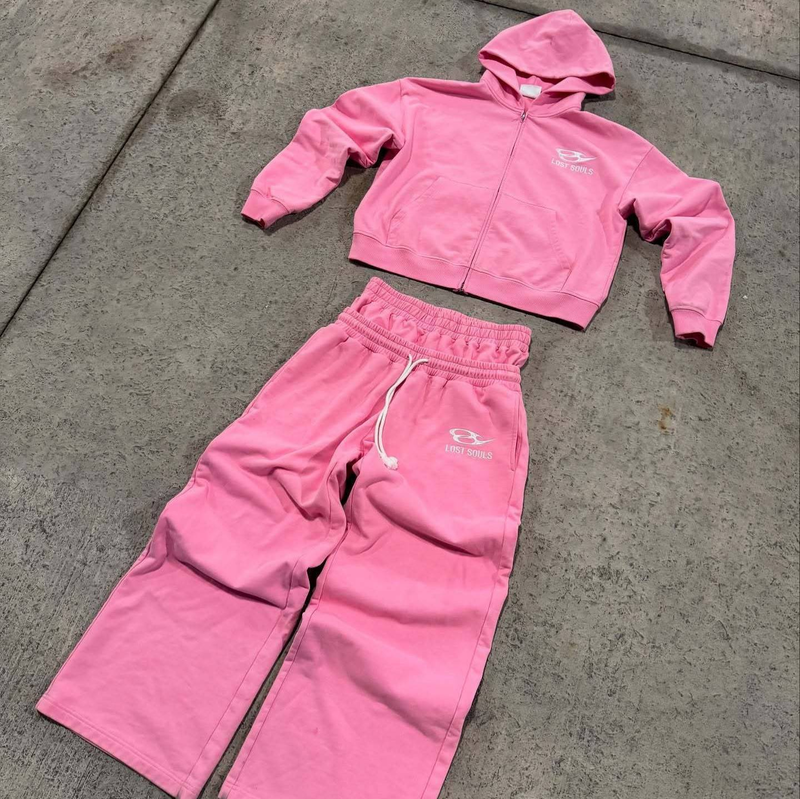 Unisex Streetwear Hoodie & Pants Set - Trendy Letter Print Pullover Hoodie With Loose Fit, Zip-up Design (Pink, M/L/Xl/Xxl)_voghion.com