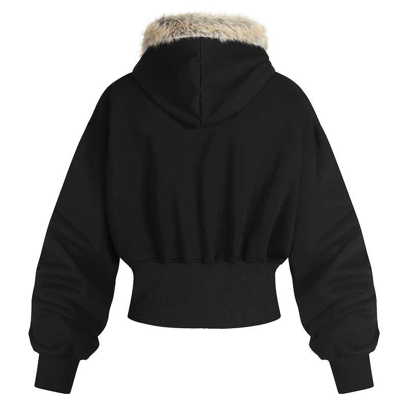 Giacca con cappuccio minimalista di ispirazione coreana con collo in pelliccia da uomo, modello Quiet Luxury - Cappotto corto a vita alta con finiture in pelliccia sintetica per donna_voghion.com