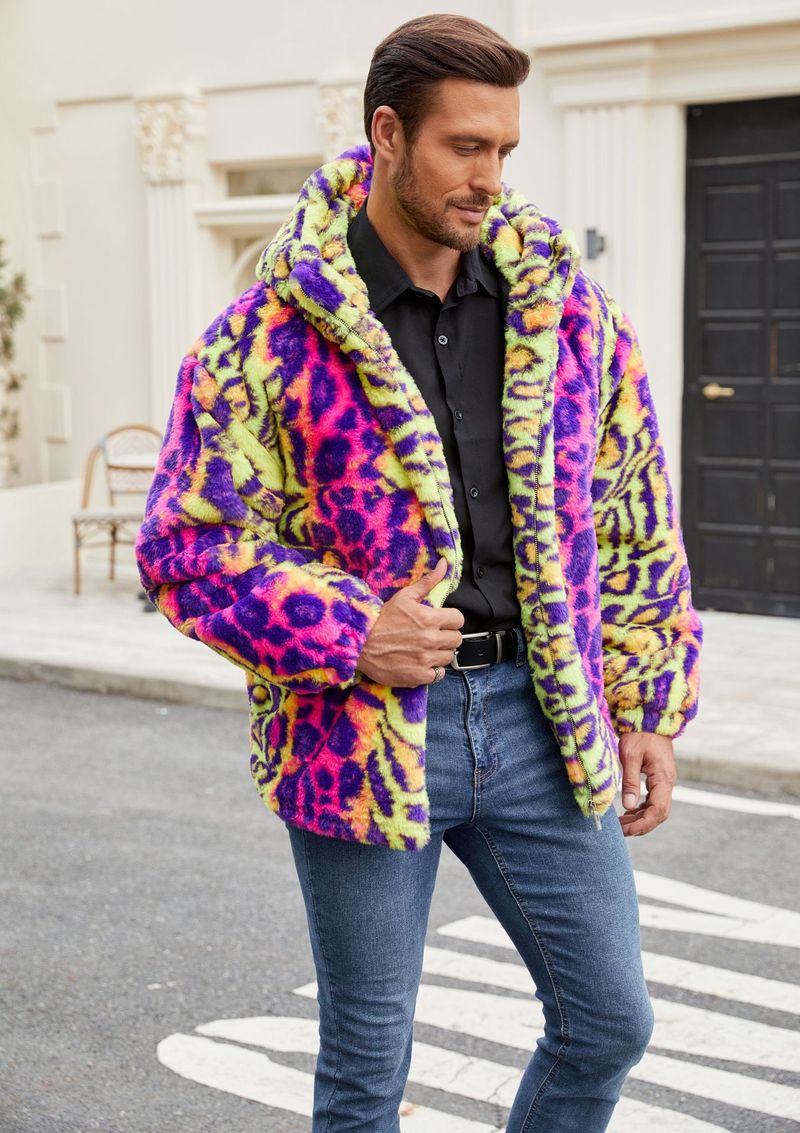 Giacca leopardata colorata in pelliccia sintetica più venduta da uomo nel 2025, giacca leopardata calda e spessa in peluche con colori a contrasto_voghion.com