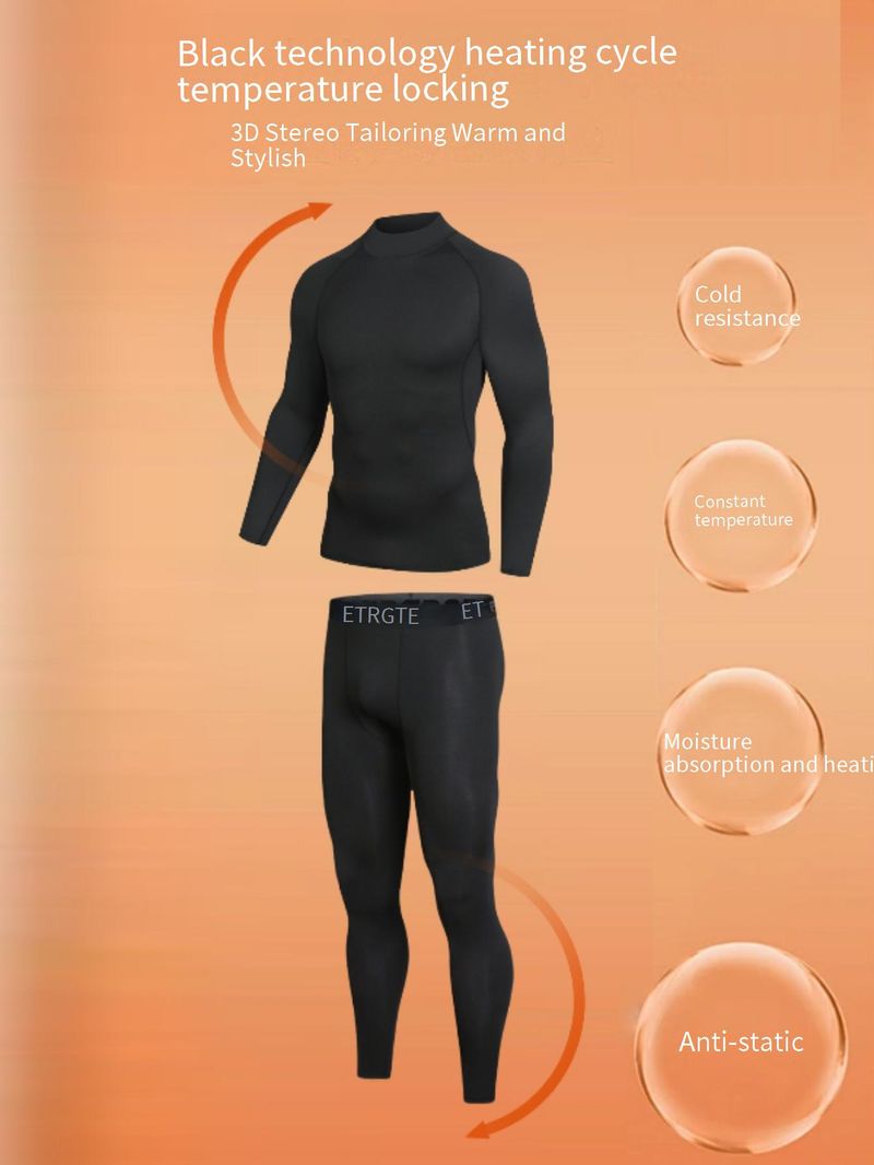 Conjunto de corrida e treino masculino com forro de lã - Camada de base térmica para esqui, caminhada, academia - Roupa esportiva respirável e de secagem rápida (preto)_voghion.com