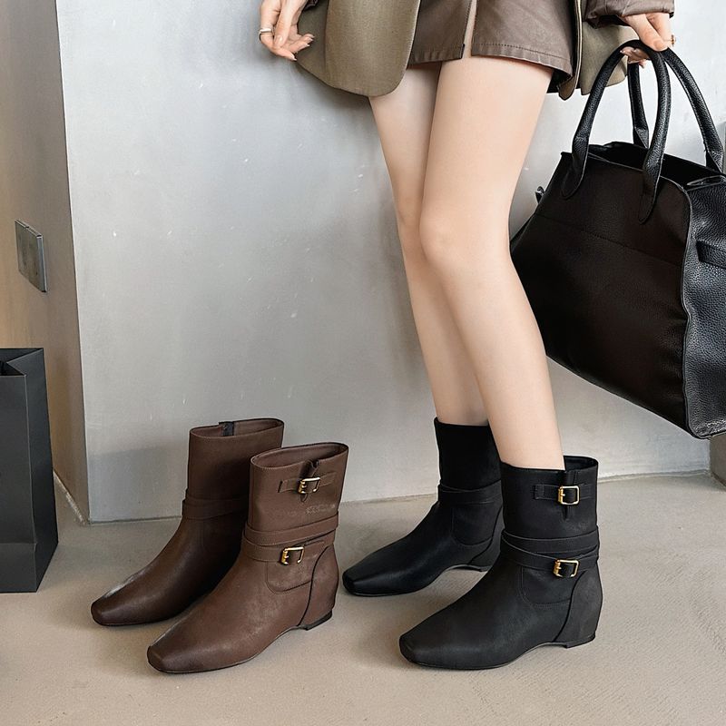 Cameido Women's Fashion Boots Short Ankle Knight Boots With Belt Buckle Flat Heel Hidden Lift Square Toe_voghion.com