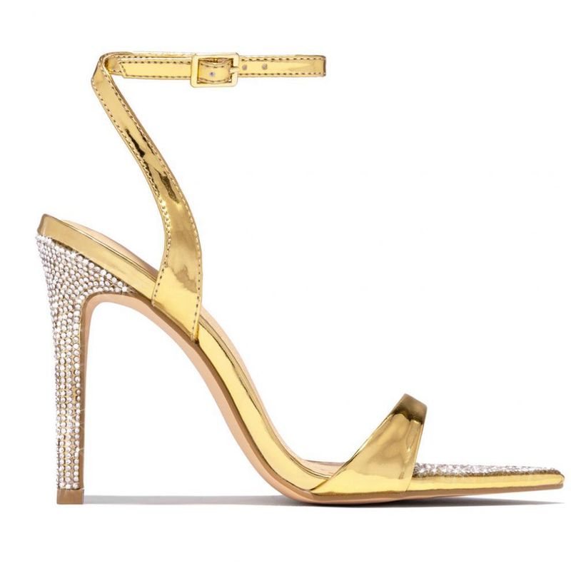 Scarpe da donna con fibbia, strass, stiletto, bocca di pesce, sandali con tacco alto, con tacco a spillo, punta tonda e aperta sul retro, scarpe dorate_voghion.com