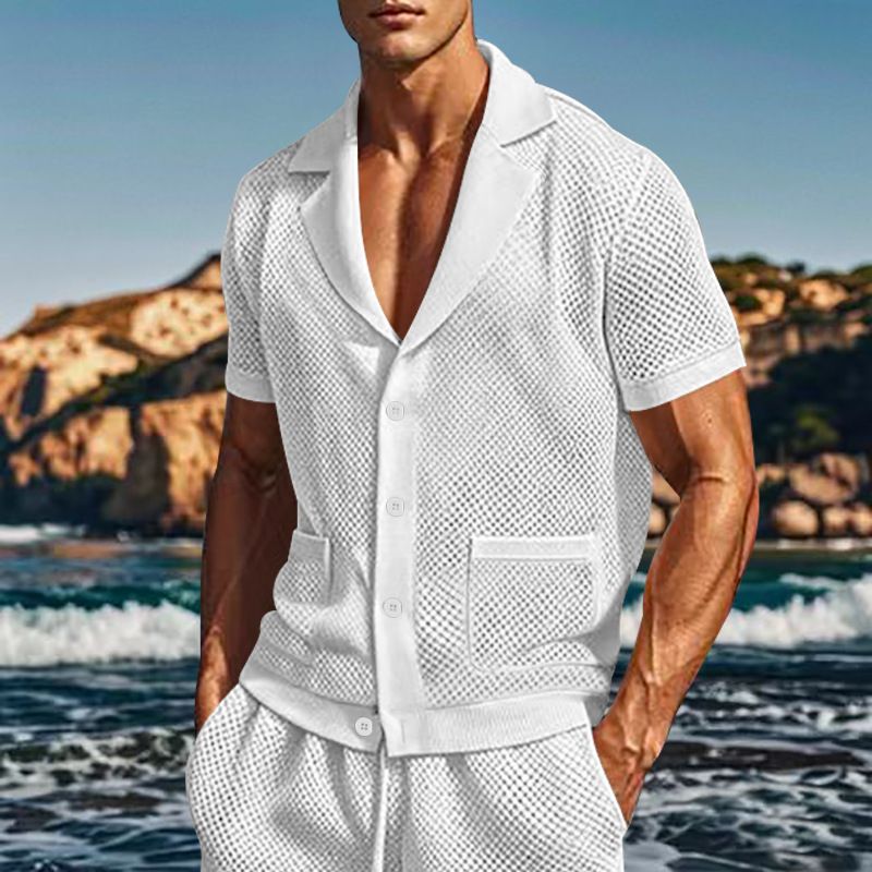 Herrenbekleidung Mesh Atmungsaktiv Cool Freizeitanzug Dünner Herren Kurzarm Shorts Zweiteiliger Anzug_voghion.com