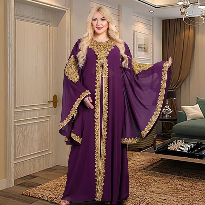 Rochie de damă Jalabiya musulmană din Orientul Mijlociu Malay cu mâneci trompetă brodate Robă brodata din dantelă aurie 8872_voghion.com
