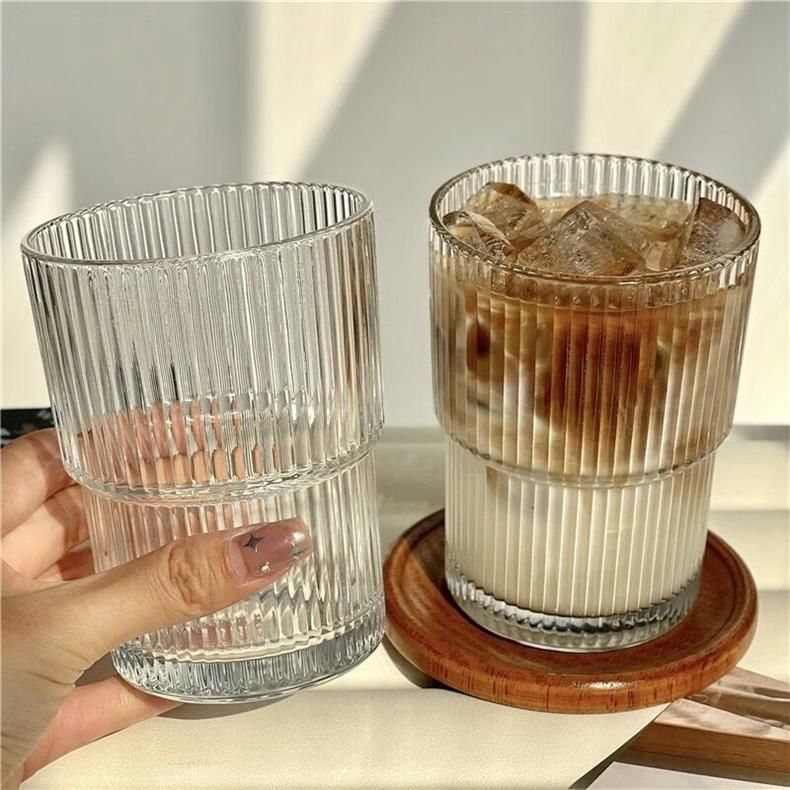 Striped Glass Coffee Cup With Lid & Straw - 12oz Reusable Drinking Glass For Hot/Cold Beverages (Iced Latte Milk Juice Dishwasher Safe)_voghion.com