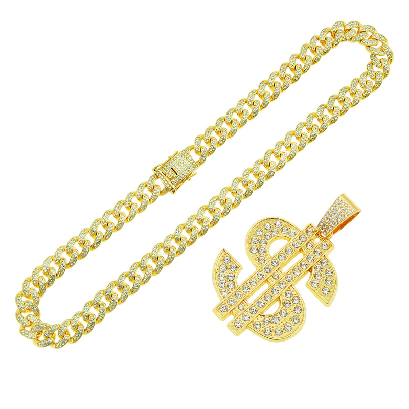 Uomo Donna Hip Hop Big Dollar Collana con ciondolo 13mm Miami Cuban Link Girocollo Collane a catena Bling Bling Charm Statement Gioielli_voghion.com