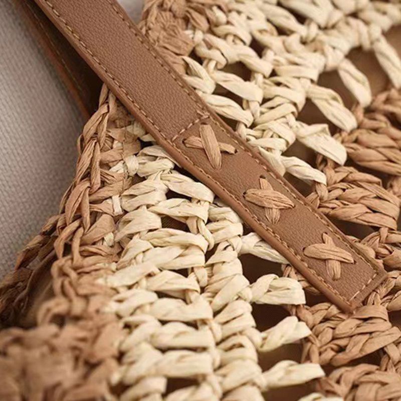 Borsa da donna rotonda in paglia cava intrecciata a mano con tracolla in rafia in rattan Borsa tote grande estiva bohémien_voghion.com