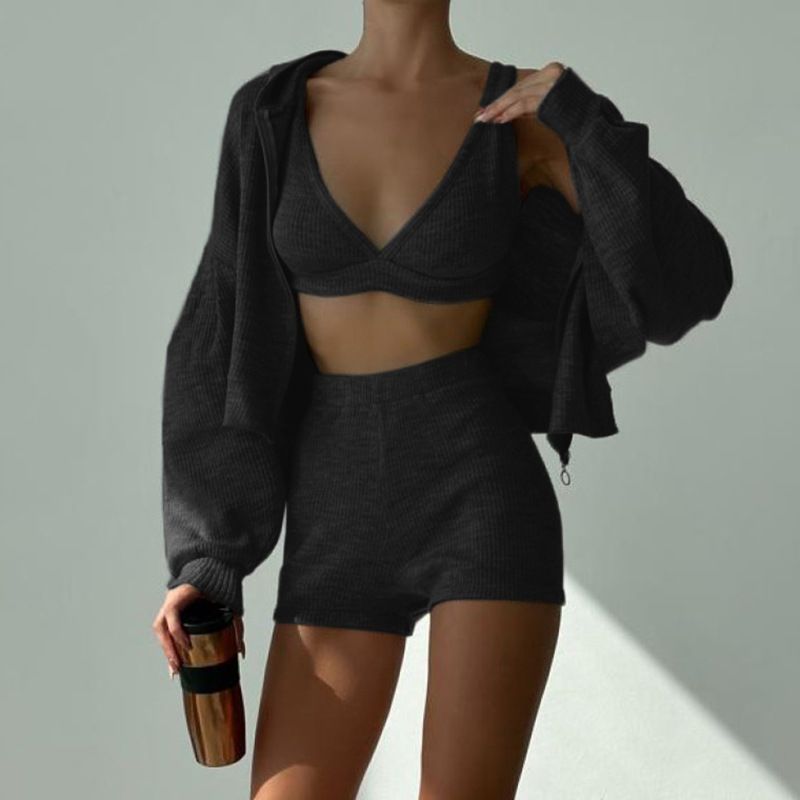 Enfärgad sport slim fit underkläder shorts lösa huva långärmad hoodie jacka ledig tredelad set_voghion.com
