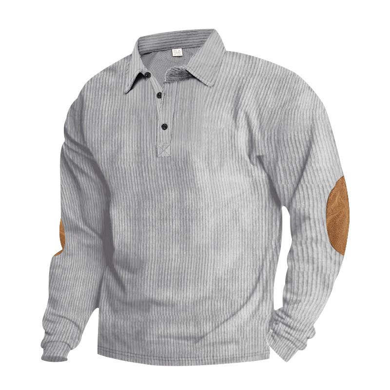 Herren Retro Cord Locker Lässig Revers Langarmhemd Patch Poloshirt_voghion.com