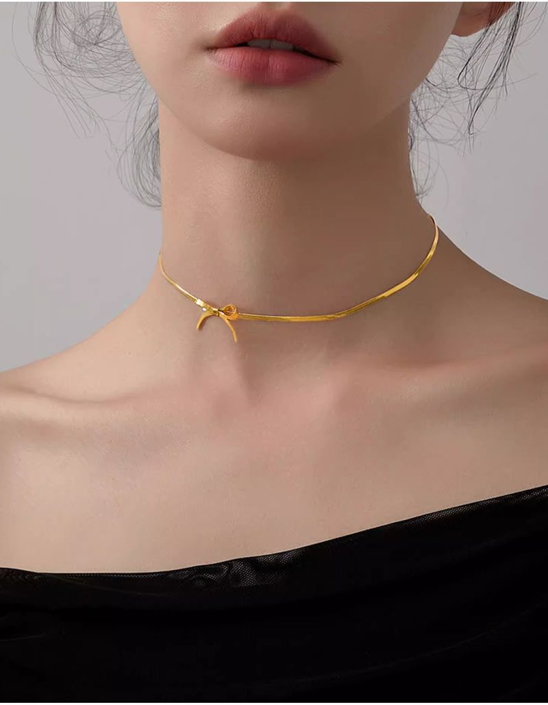 Bow Choker Necklace - Flat Snake Chain Collar (Adjustable Minimalist Gift Box Included)_voghion.com