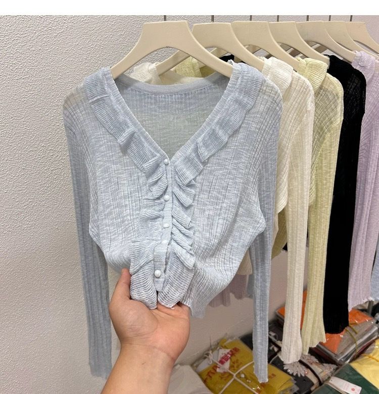 Lotus leaf edge ice silk sunscreen cardigan thin design for women's summer high-end feeling, shawl with suspender skirt,_voghion.com