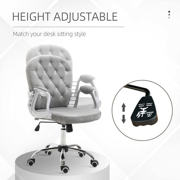 Vinsetto Velvet Office Chair, Button Tufted, Adjustable Swivel, Gray_voghion.com