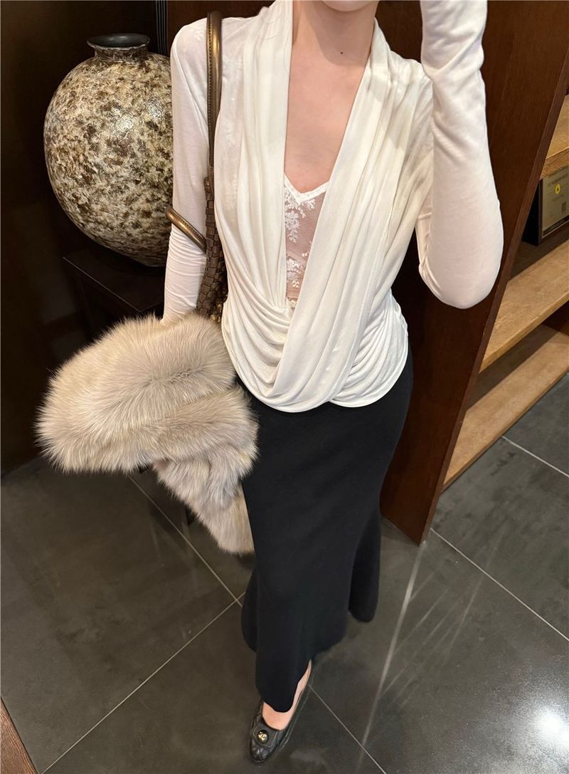 Sexy tričko ve francouzském stylu s výstřihem do V, mírně průhledné, pro ženy, jarní krajkový střih, s úzkým topem uvnitř_voghion.com