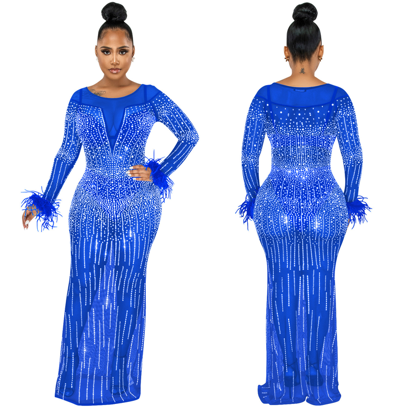 Damenmode-Nachtclub-Party mit Diamant-Damen-Mesh-Perspektive, langärmeliges Kleid, Damenkleid_voghion.com