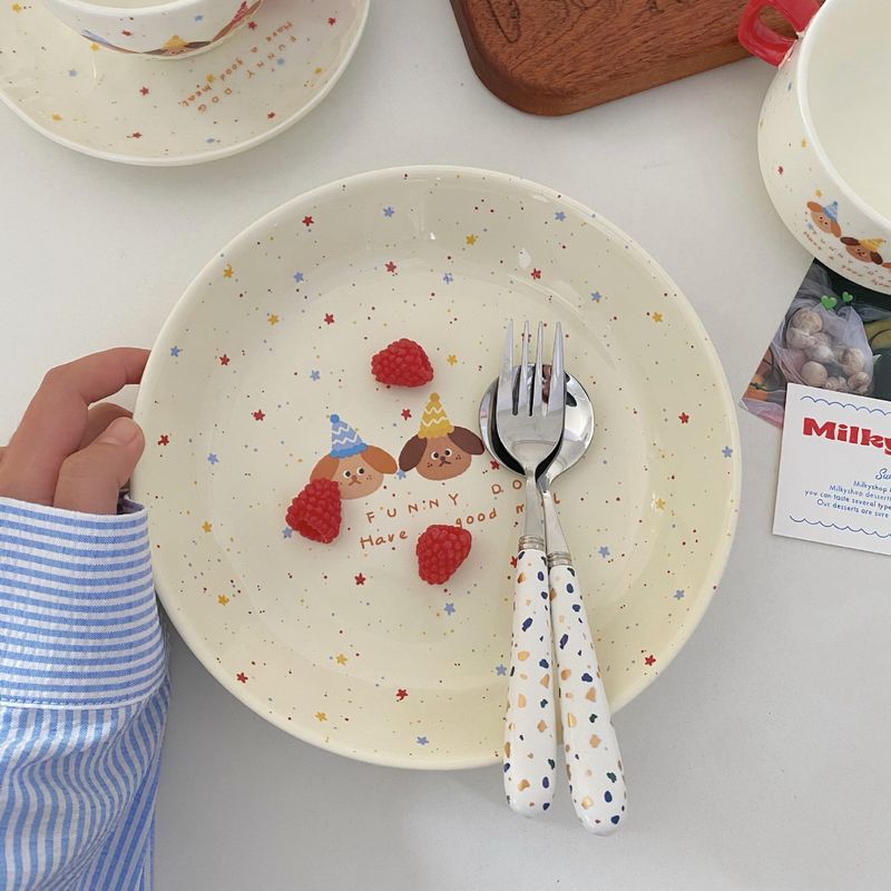 Ins Style Korean Polka Dot Puppy Creative Household Dish Divided Plate Rice Bowl Cute Ceramic Cup Saucer_voghion.com