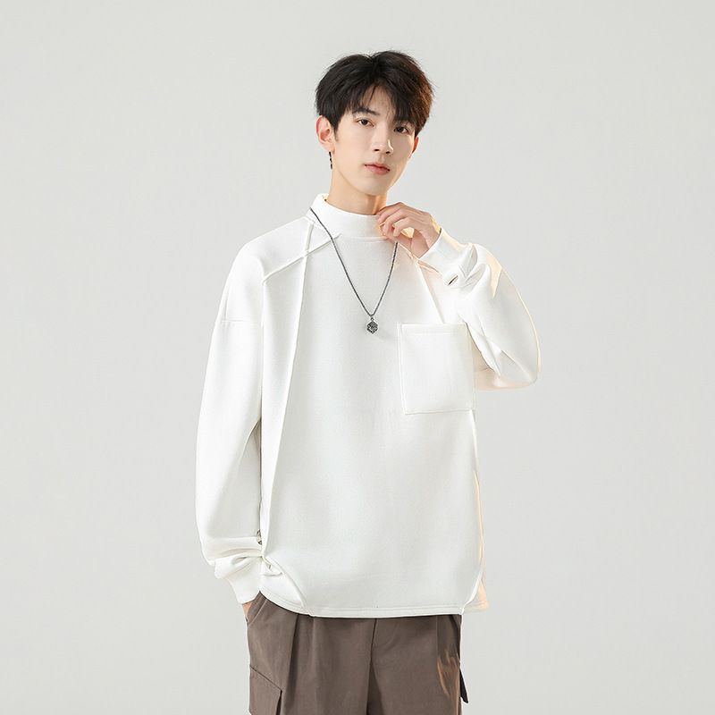 Spring Autumn New Half High Neck Hoodie Long Sleeve T-Shirt Men's Trendy Brand Loose And Versatile Casual Men 16E_voghion.com