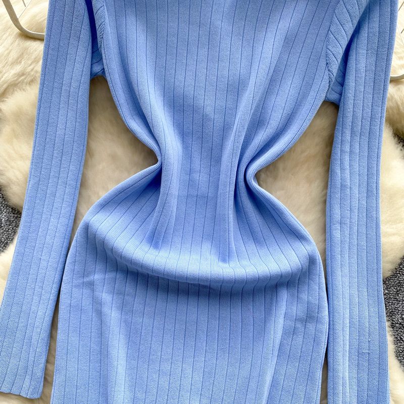 Vêtements pour femmes Robe tricotée rétro à revers simple boutonnage longueur taille minceur pull intérieur jupe mi-longue_voghion.com