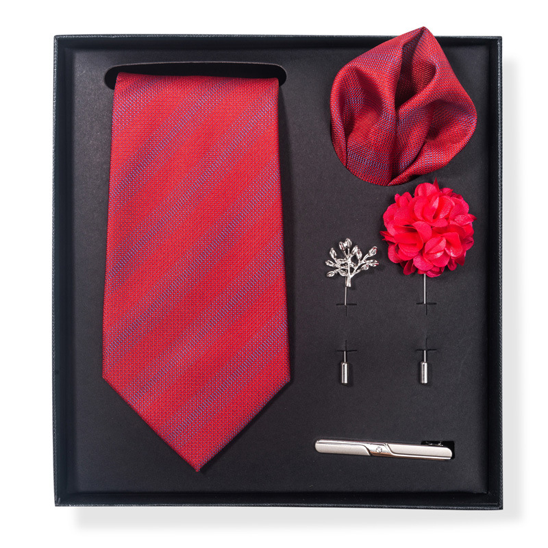 Set da uomo alla moda in tinta unita a righe con anacardi, confezione regalo da 6 pezzi, set con corsetto con fermacravatta e sciarpa quadrata_voghion.com