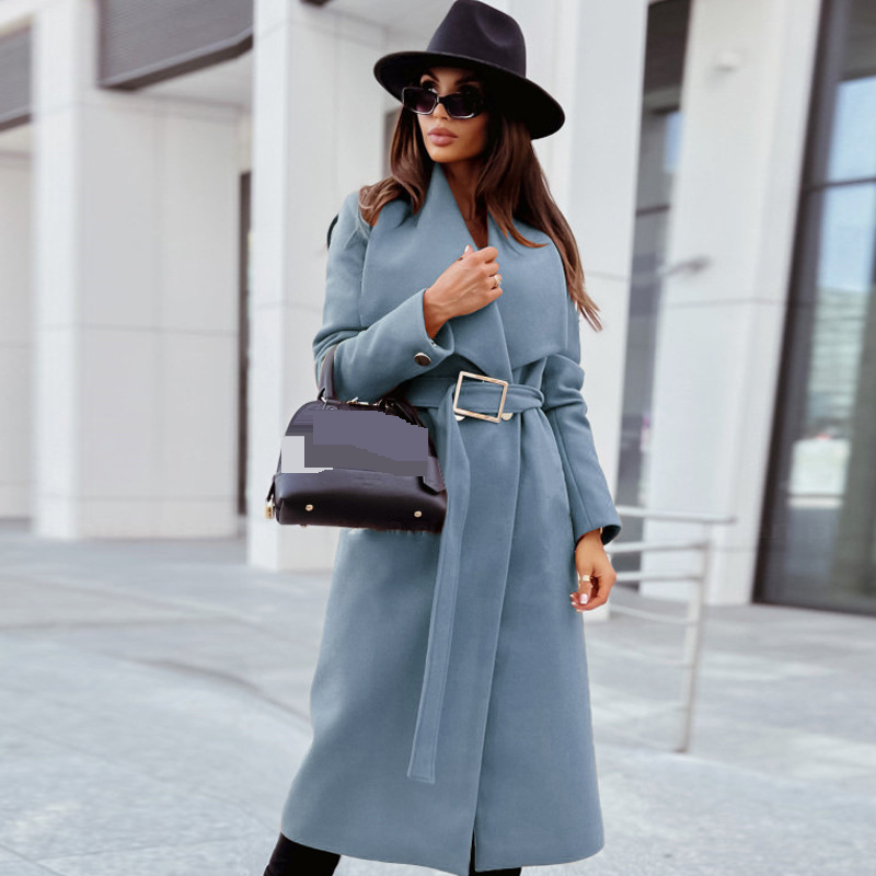 Abbigliamento da donna alla moda semplice a maniche lunghe colletto abito cravatta cappotto di lana cappotto di lana femminile_voghion.com