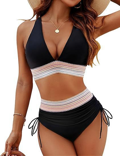 Women's Clothing Neck Gathered Split Swimsuit High Waist Drawstring Hot Spring Swimsuit_voghion.com