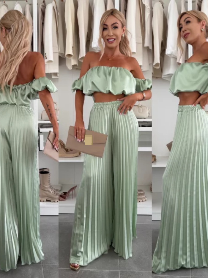 Dameskleding Effen kleur Temperament Tube Top Geplooide broek Pak_voghion.com